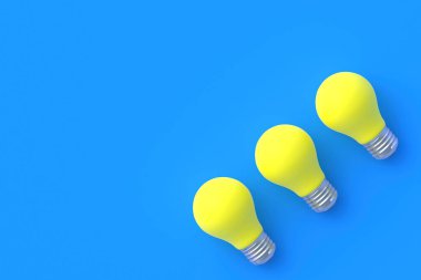 Mavi arkaplanda sarı ampuller var. Üst Manzara. 3d hazırlayıcı