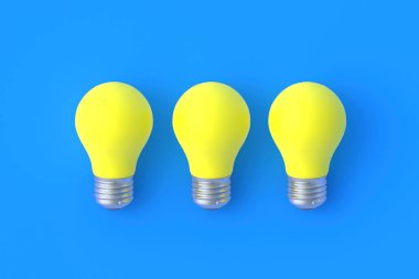 Mavi arkaplanda sarı ampuller var. 3d hazırlayıcı