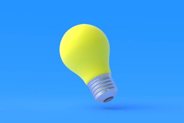 Mavi arka planda sarı ampul. Fikir kavramı. 3d hazırlayıcı