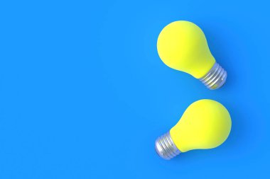Mavi arka planda sarı ampuller. Üst Manzara. Uzayı kopyala 3d hazırlayıcı