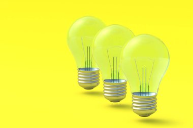 Sarı arkaplanda üç sıra ampul var. Uzayı kopyala 3d hazırlayıcı