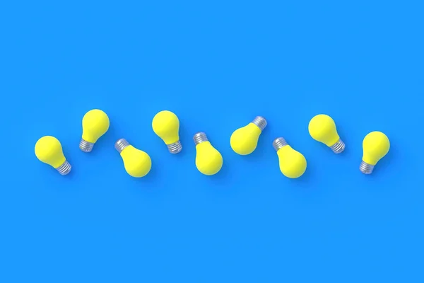 Filas Bombillas Amarillas Sobre Fondo Azul Vista Superior Renderizar — Foto de Stock