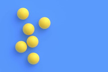 Mavi arka planda yayılmış pinpon topları. Boş oyunlar işte. Uluslararası yarışmalar. Spor Malzemeleri. Masa tenisi. Düz yatıyordu. Uzayı kopyala 3d hazırlayıcı