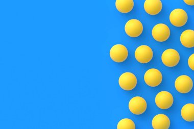 Mavi arka planda yayılmış pinpon topları. Boş oyunlar işte. Uluslararası yarışmalar. Spor Malzemeleri. Masa tenisi. Düz yatıyordu. Uzayı kopyala 3d hazırlayıcı