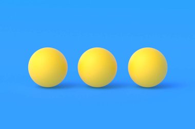 Mavi arka planda üç ping pong topu. Boş oyunlar işte. Uluslararası yarışmalar. Spor Malzemeleri. Masa tenisi. 3d hazırlayıcı
