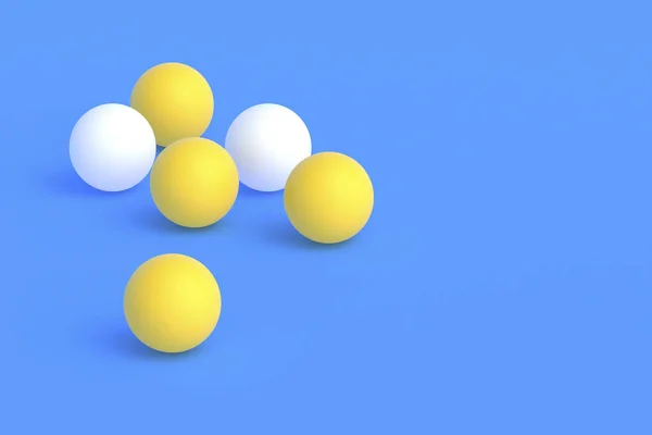 把乒乓球撒在蓝色的背景上 休闲游戏 国际比赛 运动器材 乒乓球 复制空间 3D渲染 — 图库照片