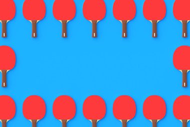 Mavi arka planda pinpon raketlerinden yapılmış çerçeve. Boş zaman oyunu. Spor malzemeleri. Uluslararası rekabet. Masa tenisi. Üst Manzara. Uzayı kopyala 3d hazırlayıcı