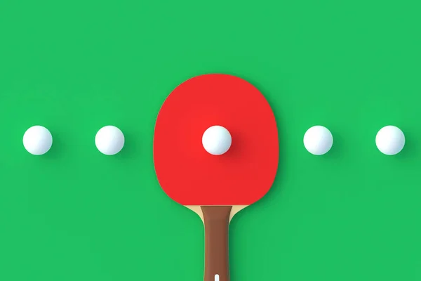 Ping pong paddle with balls on green background. Game for leisure. Sport equipment. International competition. Table tennis. Top view. 3d render