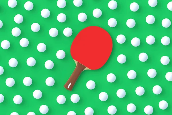 Ping pong paddle with balls on green background. Game for leisure. Sport equipment. International competition. Table tennis. Top view. 3d render