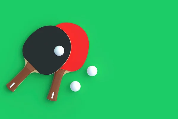 Ping pong paddles with balls on green background. Game for leisure. Sport equipment. International competition. Table tennis. Top view. Copy space. 3d render