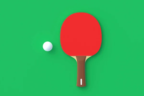 Ping pong paddle with ball on green background. Game for leisure. Sport equipment. International competition. Table tennis. Top view. 3d render