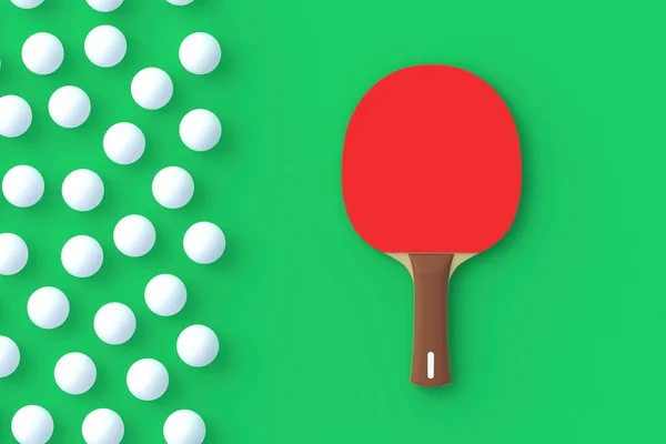 Ping pong paddle with balls on green background. Game for leisure. Sport equipment. International competition. Table tennis. Top view. 3d render