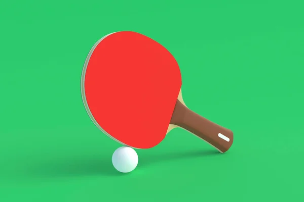 Ping pong paddle with ball on green background. Game for leisure. Sport equipment. International competition. Table tennis. 3d render