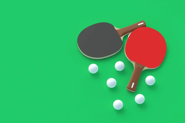 Ping pong paddles with balls on green background. Game for leisure. Sport equipment. International competition. Table tennis. Copy space. 3d render