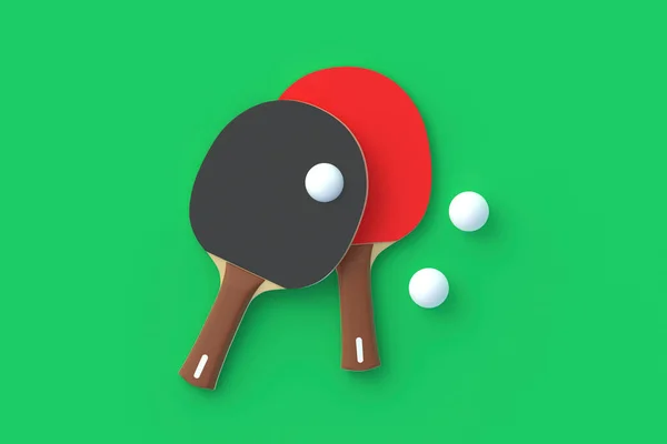 Ping pong paddles with balls on green background. Game for leisure. Sport equipment. International competition. Table tennis. Top view. 3d render