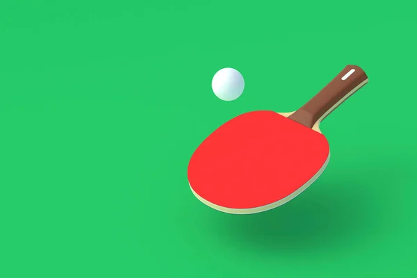 Ping pong paddle with ball on green background. Game for leisure. Sport equipment. International competition. Table tennis. Copy space. 3d render