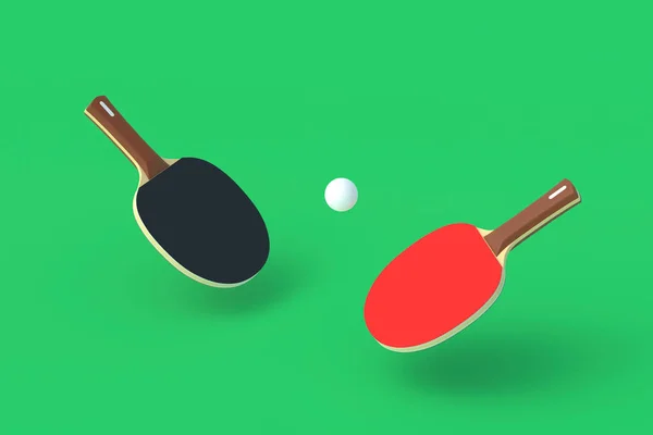 Ping pong paddles with ball on green background. Game for leisure. Sport equipment. International competition. Table tennis. 3d render