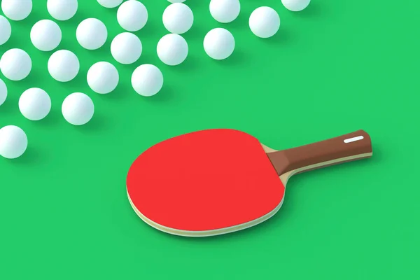 Ping pong paddle with balls on green background. Game for leisure. Sport equipment. International competition. Table tennis. 3d render