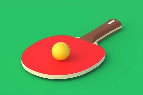 Ping pong paddle with ball on green background. Game for leisure. Sport equipment. International competition. Table tennis. 3d render