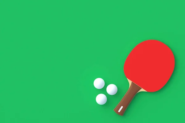 Ping pong paddle with balls on green background. Game for leisure. Sport equipment. International competition. Table tennis. Top view. Copy space. 3d render