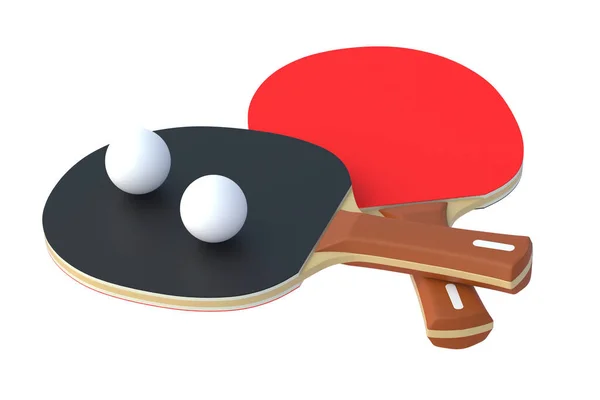 Ping pong paddles with balls isolated on white background. Game for leisure. Sport equipment. International competition. Table tennis. 3d render