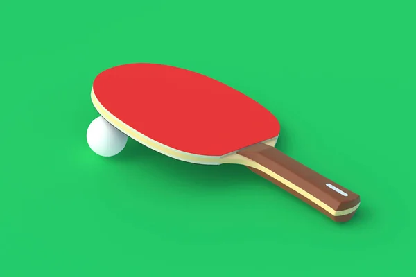 Ping pong paddle with ball on green background. Game for leisure. Sport equipment. International competition. Table tennis. 3d render