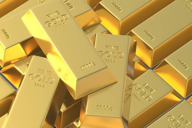 Bir yığın altın. Altın rezervi. Finansal piyasada değeri. Uluslararası fiyat. 3d hazırlayıcı