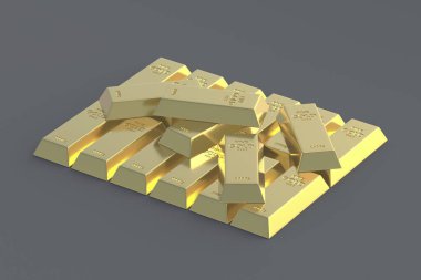 Bir yığın altın. Altın rezervi. Finansal piyasada değeri. Uluslararası fiyat. 3d hazırlayıcı