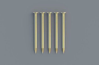 Gri arka planda altın metal çiviler. İnşaat malzemeleri. Tamir ve yenileme için lüks bir alet. Pahalı tamirat. 3d hazırlayıcı