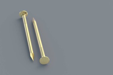 Gri arka planda altın metal çiviler. İnşaat malzemeleri. Tamir ve yenileme için lüks bir alet. Pahalı tamirat. Uzayı kopyala 3d hazırlayıcı