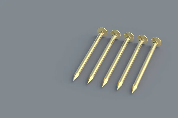 Reihe Goldener Metallnägel Auf Grauem Hintergrund Baugeräte Luxus Werkzeug Für — Stockfoto