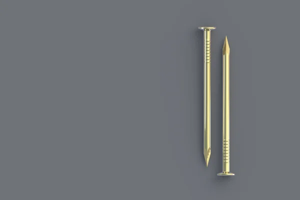 Goldene Metallnägel Auf Grauem Hintergrund Baugeräte Luxus Werkzeug Für Reparatur — Stockfoto