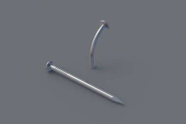 Gri arka planda kavisli metal çivi. İnşaat malzemeleri. Tamir ve yenileme aletleri. 3d hazırlayıcı