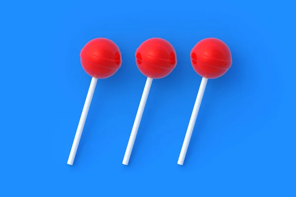 三排棒棒糖粘在蓝色背景上 甜糖果 3D渲染 — 图库照片