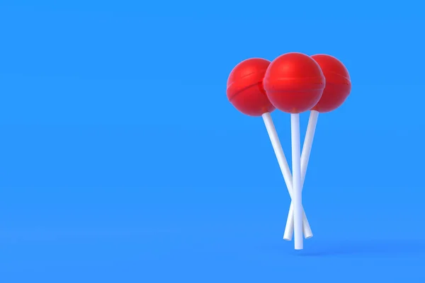 イチゴのロリポップは青い背景に固執します 甘いキャンディ 菓子類 コピースペース 3Dレンダリング — ストック写真