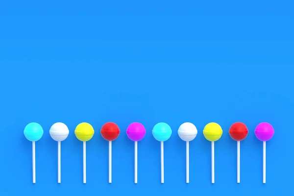 Row Colorful Lollipops Stick Blue Background Sweet Candy Confectionery Goods — Stock Photo, Image