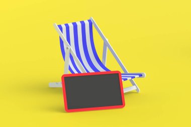Plaj sandalyesinin yanındaki boş karatahta. Yaz tatili. Seyahat konsepti. Turist turu. 3d hazırlayıcı