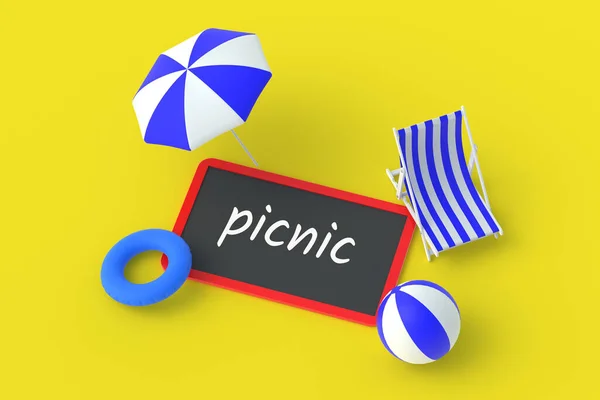 Inscription Picnic Chalkboard Beach Chair Ball Umbrella Lifebuoy Summer Vacation — стоковое фото