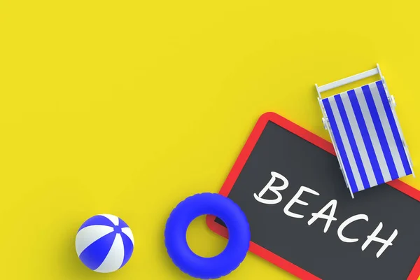 Inscription Beach Chalkboard Striped Chair Lifebuoy Ball Summer Vacation Travel — Stock Photo, Image