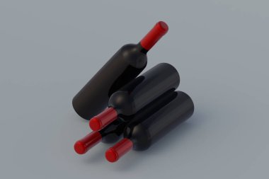 Gri arka planda bir yığın şarap şişesi. 3d hazırlayıcı