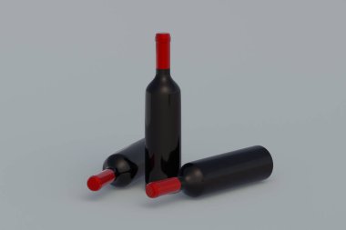 Gri arka planda dağınık şarap şişeleri. 3d hazırlayıcı