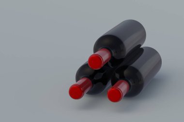 Gri arka planda bir yığın şarap şişesi. Uzayı kopyala 3d hazırlayıcı