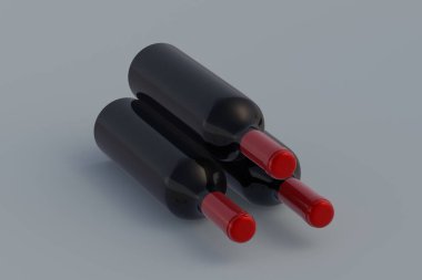 Gri arka planda üç şarap şişesi. 3d hazırlayıcı