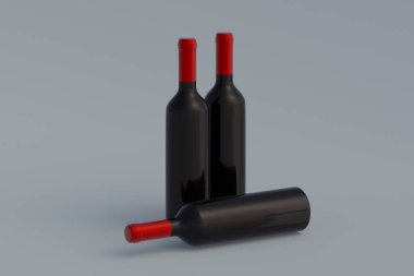 Gri arka planda etiketsiz şarap şişeleri. 3d hazırlayıcı