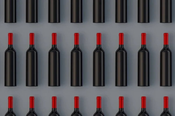 Rows Blank Wine Bottles Gray Background Top View Render — ストック写真