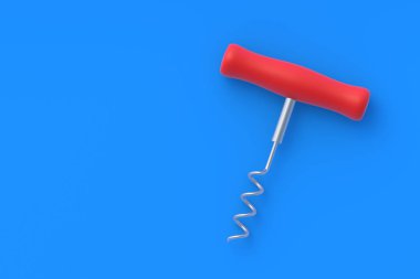 Mavi arka planda şarap şişesi için tirbuşon. Mutfak aletleri. Üst Manzara. Uzayı kopyala 3d hazırlayıcı