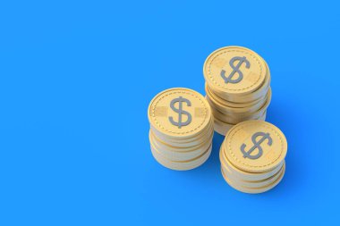 Mavi arka planda dolar sembolü olan bozuk para yığını. Mali göstergeler. Ucuz krediler. Kârlı bir teklif. İş koşulları. Ekonomik yardım. Bağış miktarı. Uzayı kopyala 3d hazırlayıcı