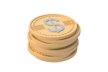Beyaz zemin üzerinde dolar sembolü olan bozuk para yığını. 3d hazırlayıcı