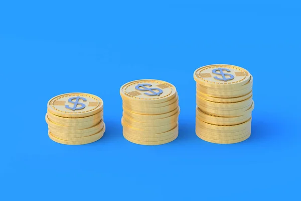 Row Heaps Coins Dollar Symbol Blue Background Financial Indicators Cheap — Foto de Stock