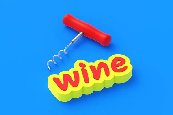 Word Wine Corkscrew Cork Blue Background Render — Stockfoto